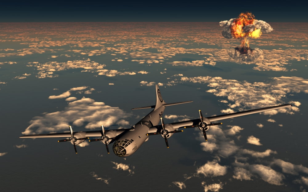 B-29 Superfortress flying away from the explosion of the atomic bomb Canvas Art - Mark StevensonStocktrek Images (36 x 23)