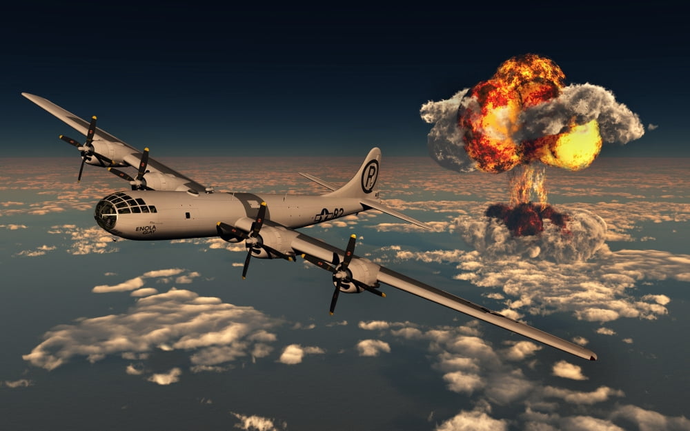 B-29 Superfortress flying away from the explosion of the atomic bomb Canvas Art - Mark StevensonStocktrek Images (36 x 23)