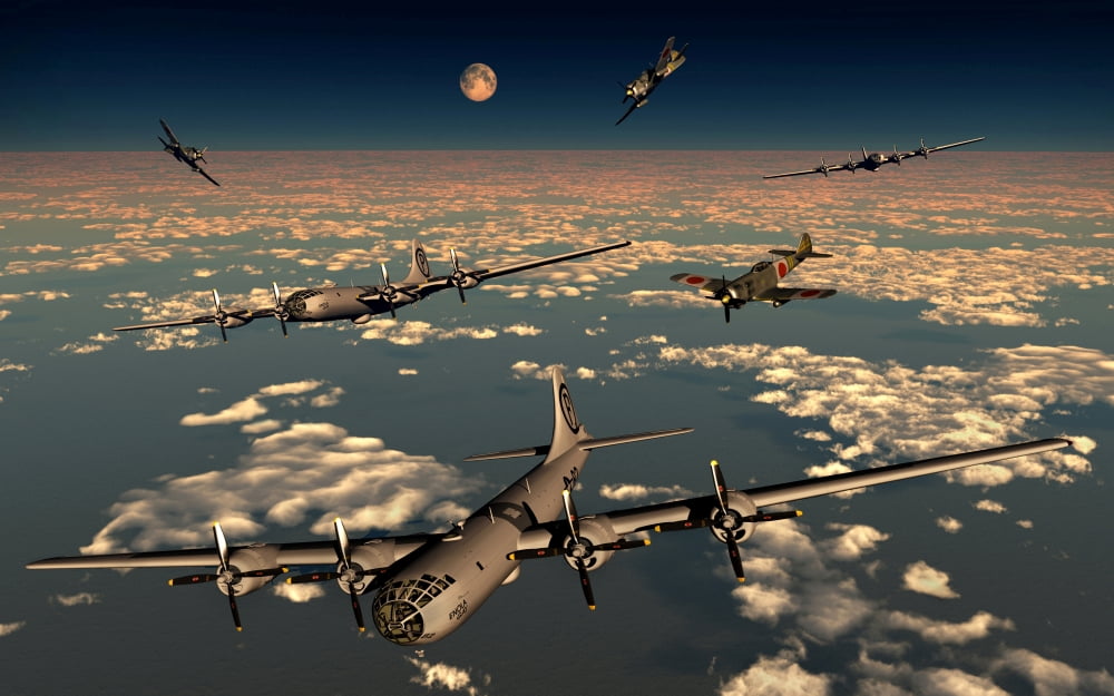 B-29 Superfortress planes under attack from Japanese Nakajima Ki-84 fighter planes Canvas Art - Mark StevensonStocktrek Images (36 x 23)