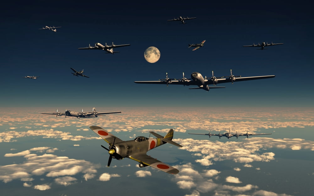 B-29 Superfortress planes under attack from Japanese Nakajima Ki-84 fighter planes Canvas Art - Mark StevensonStocktrek Images (36 x 23)