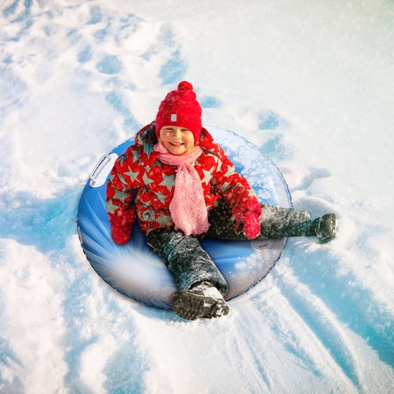 B 31.5 Inch Inflatable Snow Tube Sled Blue And White Snowflake Heavy Duty Pvc Winter Towing Tube For Kids And Adults With Handles 600Lbs Capacity