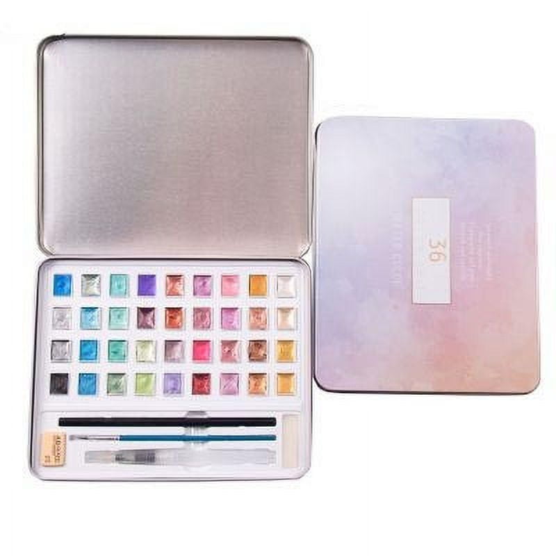 B 36 Shade Metallic Watercolor Paint Set In Iron Box Pearlescent Solid Art Kit