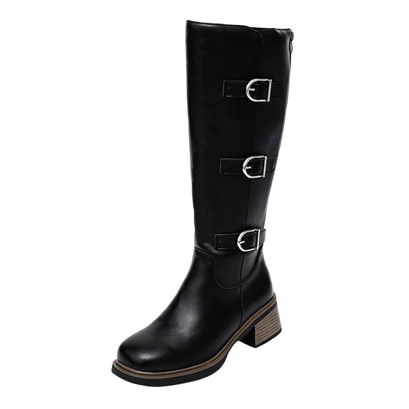 B-586 Black Womens Winter Long Boots Back Zipper Round Toe Chunky Mid Heel Casual Solid Straight Knee High