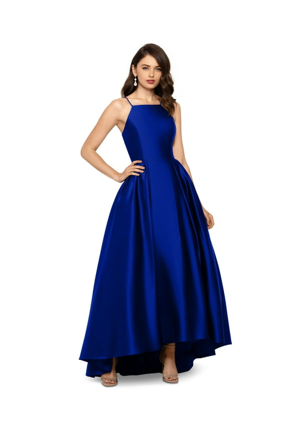 B&A BY BETSY & ADAM Womens Blue Zippered Pocketed Satin Pleated Spaghetti Strap Square Neck Full-Length Formal Gown Dress 2