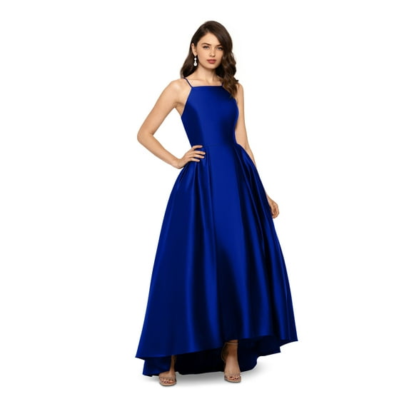 B&A BY BETSY & ADAM Womens Blue Zippered Pocketed Satin Pleated Spaghetti Strap Square Neck Full-Length Formal Gown Dress 6