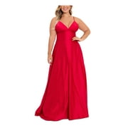 B&A BY BETSY & ADAM Womens Red Zippered Pocketed Molded Cups Lined Spaghetti Strap V Neck Full-Length Evening Gown Dress Plus 16W