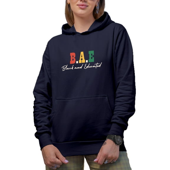 B A E, Black and Educated, Black History Month Merch Gift, Navy Blue Hooded Sweatshirt or Hoodie, Medium