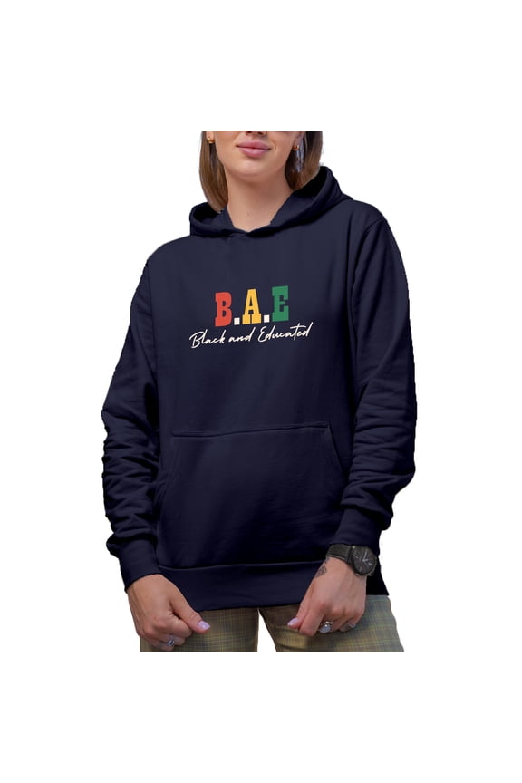 B A E, Black and Educated, Black History Month Merch Gift, Navy Blue Hooded Sweatshirt or Hoodie, Medium
