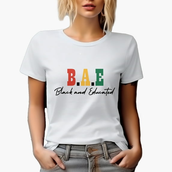 B A E, Black and Educated, Black History Month Themed Merch Gift, White T-Shirt, Large