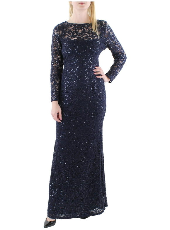 B&A by Betsy and Adam Womens Lace V-Neck Evening Dress