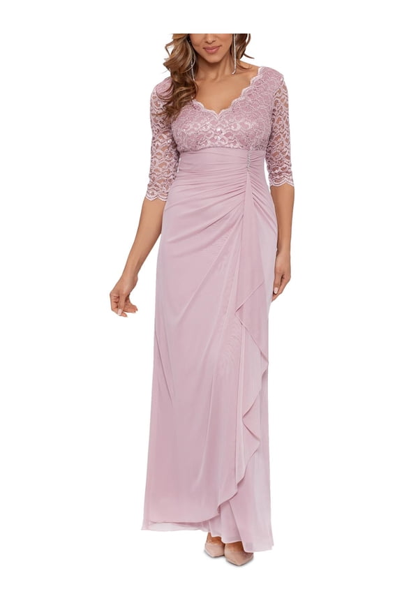 B&A by Betsy and Adam Womens Lace V-Neck Evening Dress