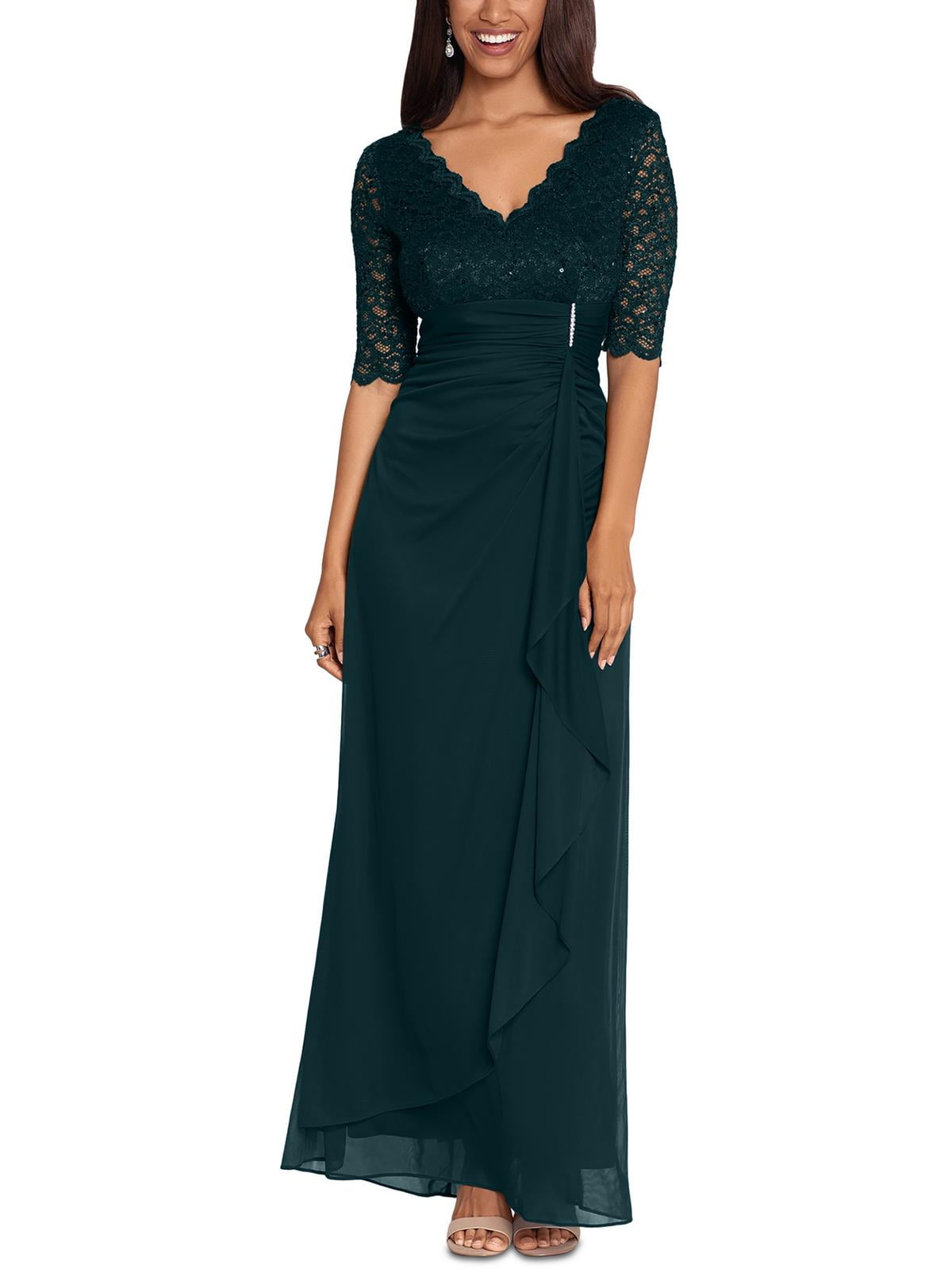 BETSY & ADAM Womens Lace Flutter V Neck Short Cocktail Sheath Dress