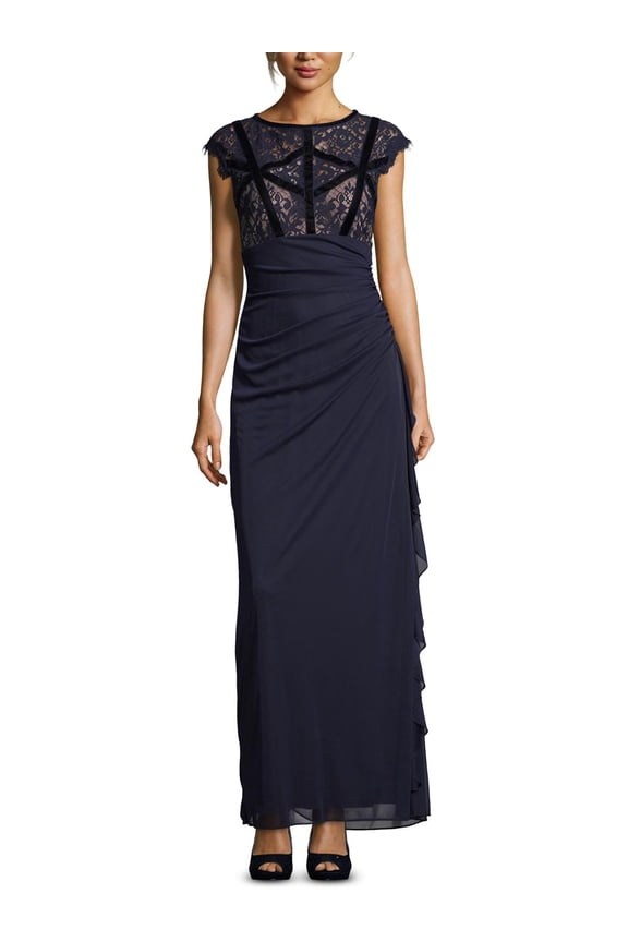 B&A by Betsy and Adam Womens Petites Lace Ruched Evening Dress