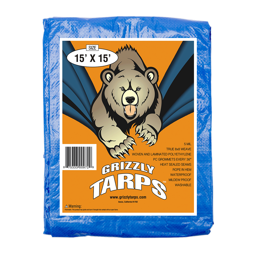 B-Air Grizzly Tarps 15 x 15 Feet Blue Multi Purpose Waterproof Poly Tarp Cover 5 Mil Thick 8 x 8 Weave - image 1 of 4
