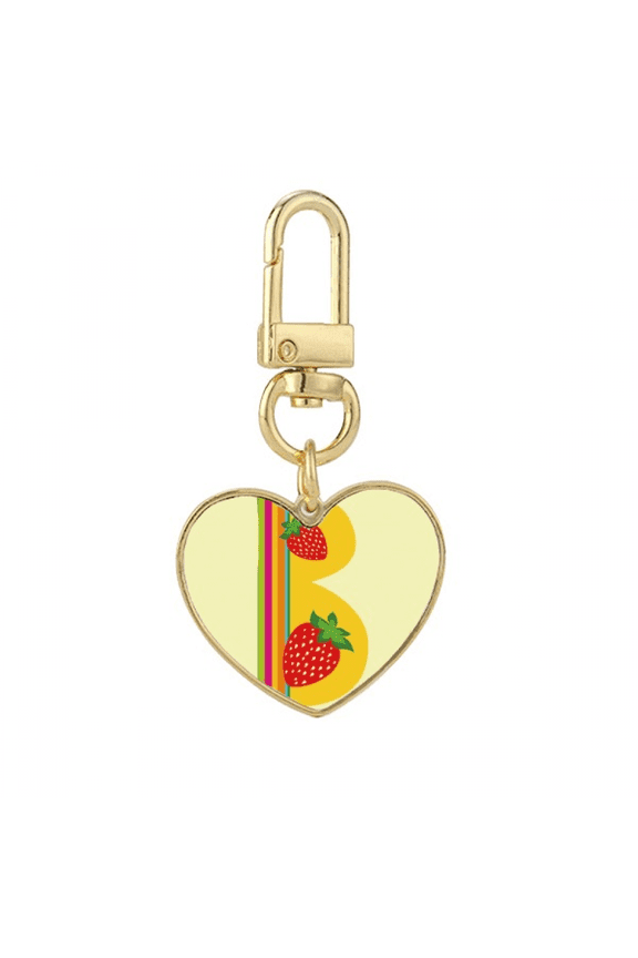 B Alphabet Strawberry Illustration Pattern Gold Heart Keychain Metal Keyring Holder