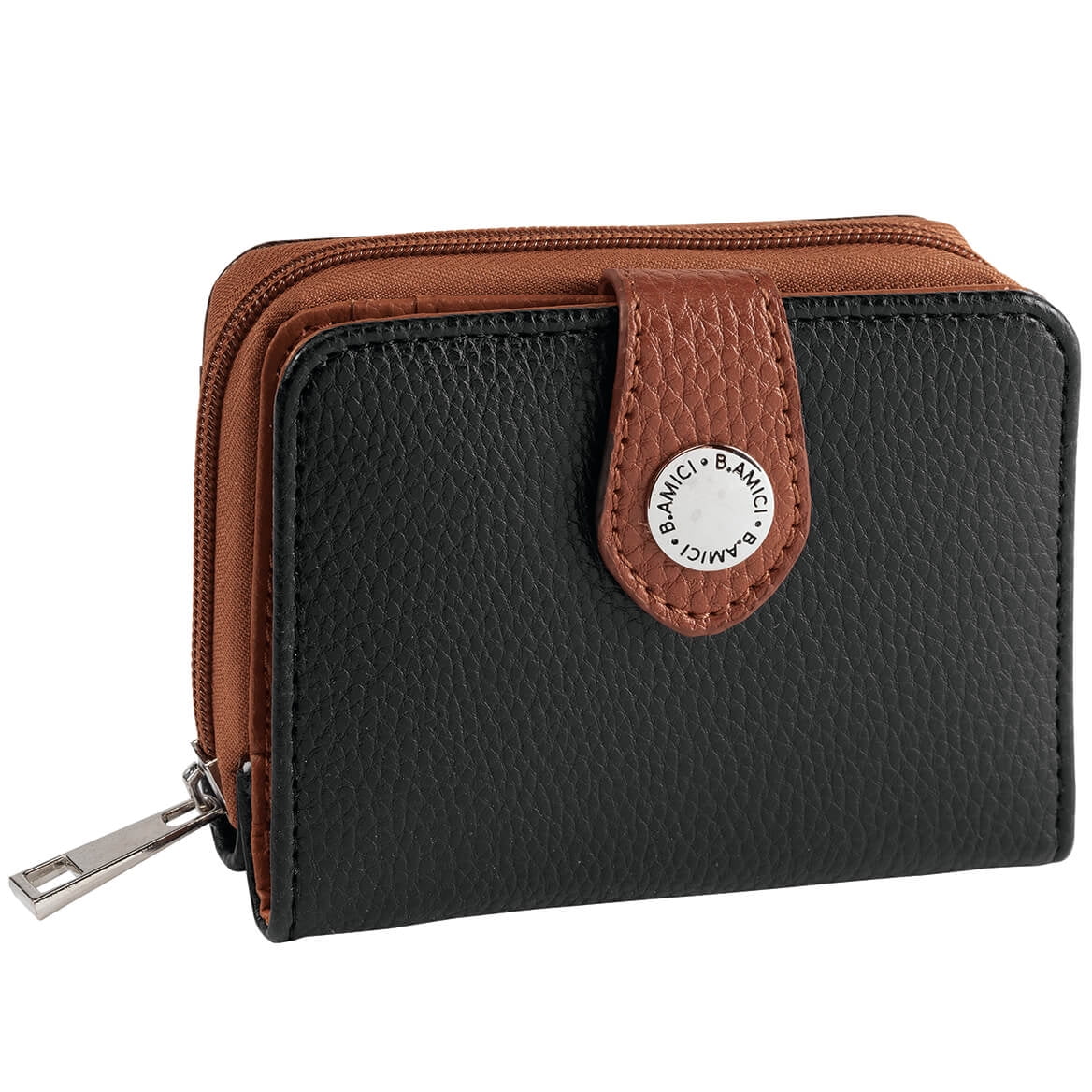 B.AmiciTM Caryn RFID Zip-Around Leather Wallet, Black/Tan