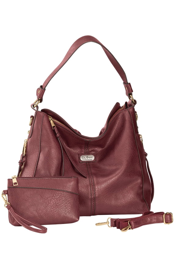 B.AmiciTM Expressions Trina Hobo Handbag with Wristlet, Faux Leather Exterior, Side Zip Pockets, Goldtone Hardware - Cordovan, Measures 6 1/2" Long x 4 1/2" High