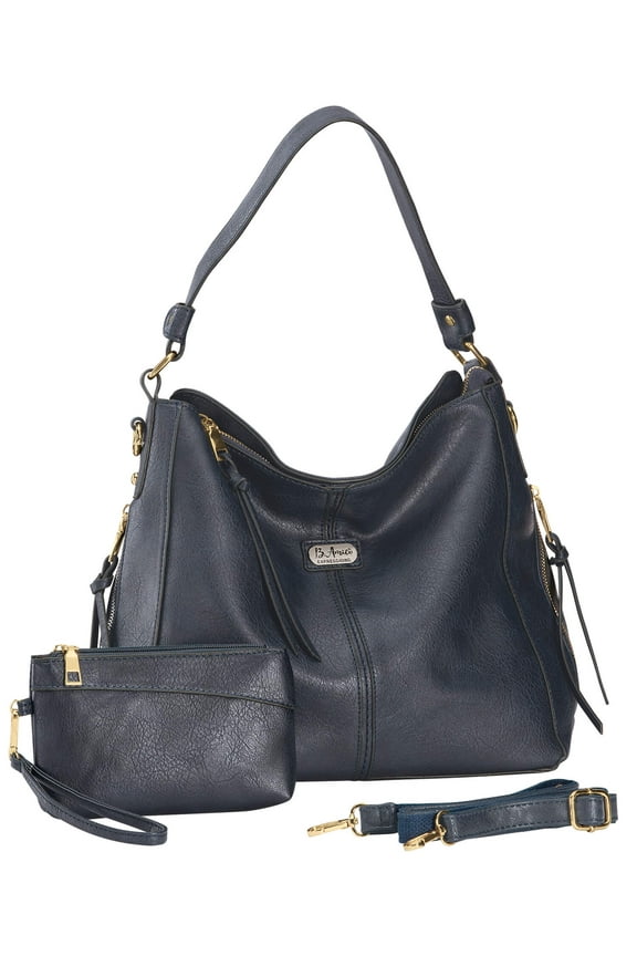 B.AmiciTM Expressions Trina Hobo Handbag with Wristlet, Faux Leather Exterior, Side Zip Pockets, Goldtone Hardware - Navy Blue, Measures 6 1/2" Long x 4 1/2" High