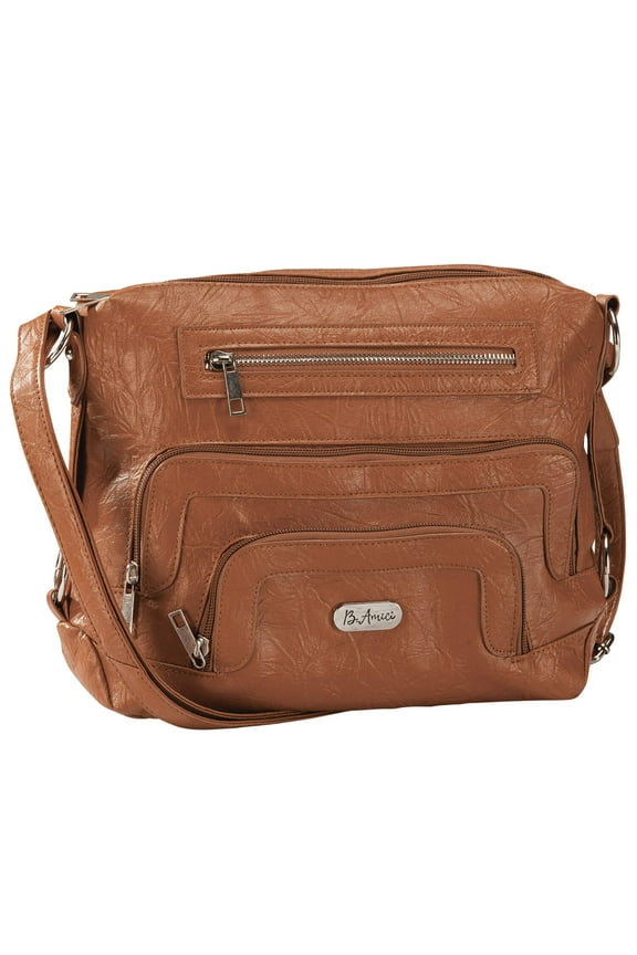 B.Amici Margot Westhampton Organizer Hobo, Leather Exterior, Built-In Wallet Pocket, Over The Shoulder/Crossbody Bag, Women’s, Gingerbread Design – Measures 12" Wide x 9" High x 3" Deep