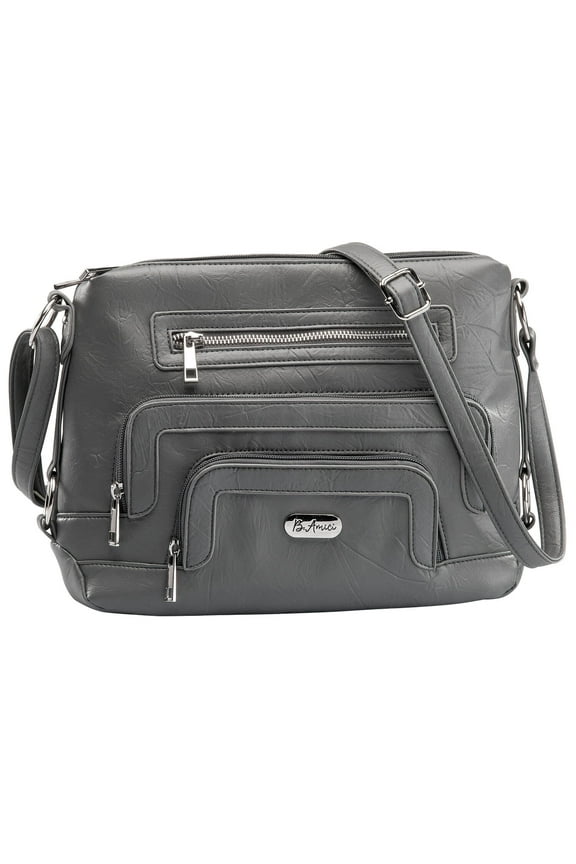 B.AmiciTM Margot Westhampton Organizer Hobo, Leather Exterior, Built-In Wallet Pocket, Over The Shoulder/Crossbody Bag, Women’s, Gray Design – Measures 12" Wide x 9" High x 3" Deep