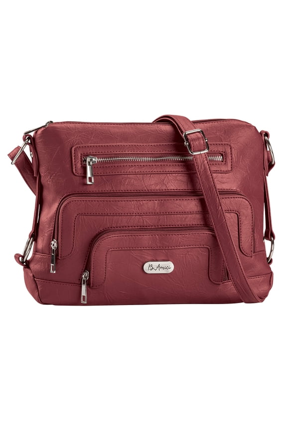 B.Amici Margot Westhampton Organizer Hobo, Leather Exterior, Built-In Wallet Pocket, Over The Shoulder/Crossbody Bag, Women’s, Cordovan Design – Measures 12" Wide x 9" High x 3" Deep