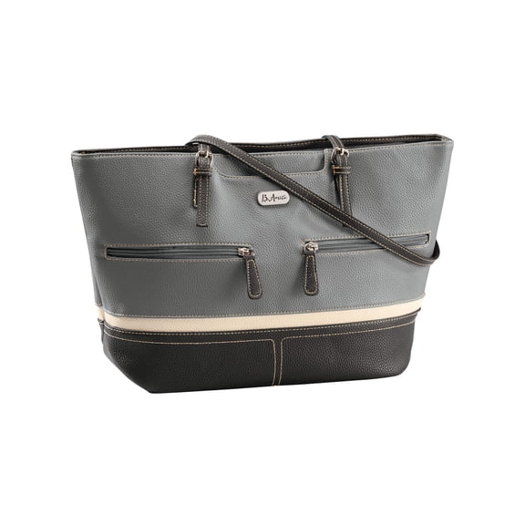 B.AmiciTM Renata RFID Tote Bag. Crafted with Polyurethane and Bonded Leather, Womens Accessories - Grey/Black Design, Measures 18 1/2" Long x 5 1/4" Wide x 10 3/4" High