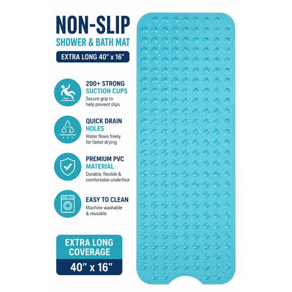 RCH Bathtub Mat Non-Slip with Strong Suction Cups Machine Washable 40 x 16 Inch Clear Blue