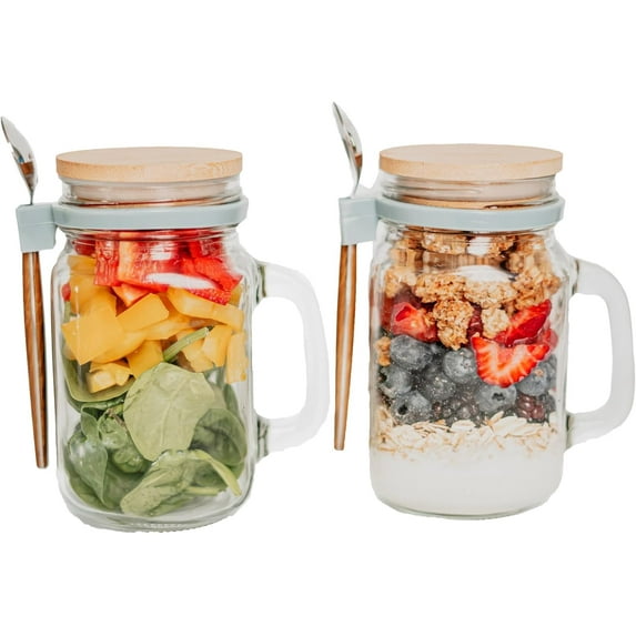 B&B Farmhouse Overnight Oats Containers with Lids Glass - 16 oz Mason Jars for Overnight Oats - Ideal Chia Seed Pudding Jars - Glass Jars with Lids for Food - Overnight Oats Jars with Bamboo Lids