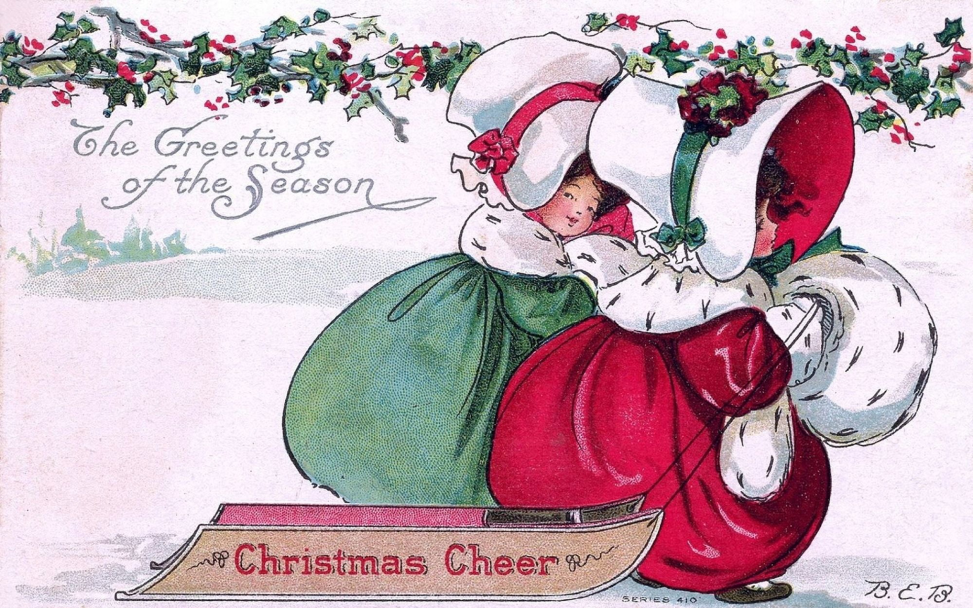 B BE Christmas card Girls with Sled Canvas Art -  (24 x 36)