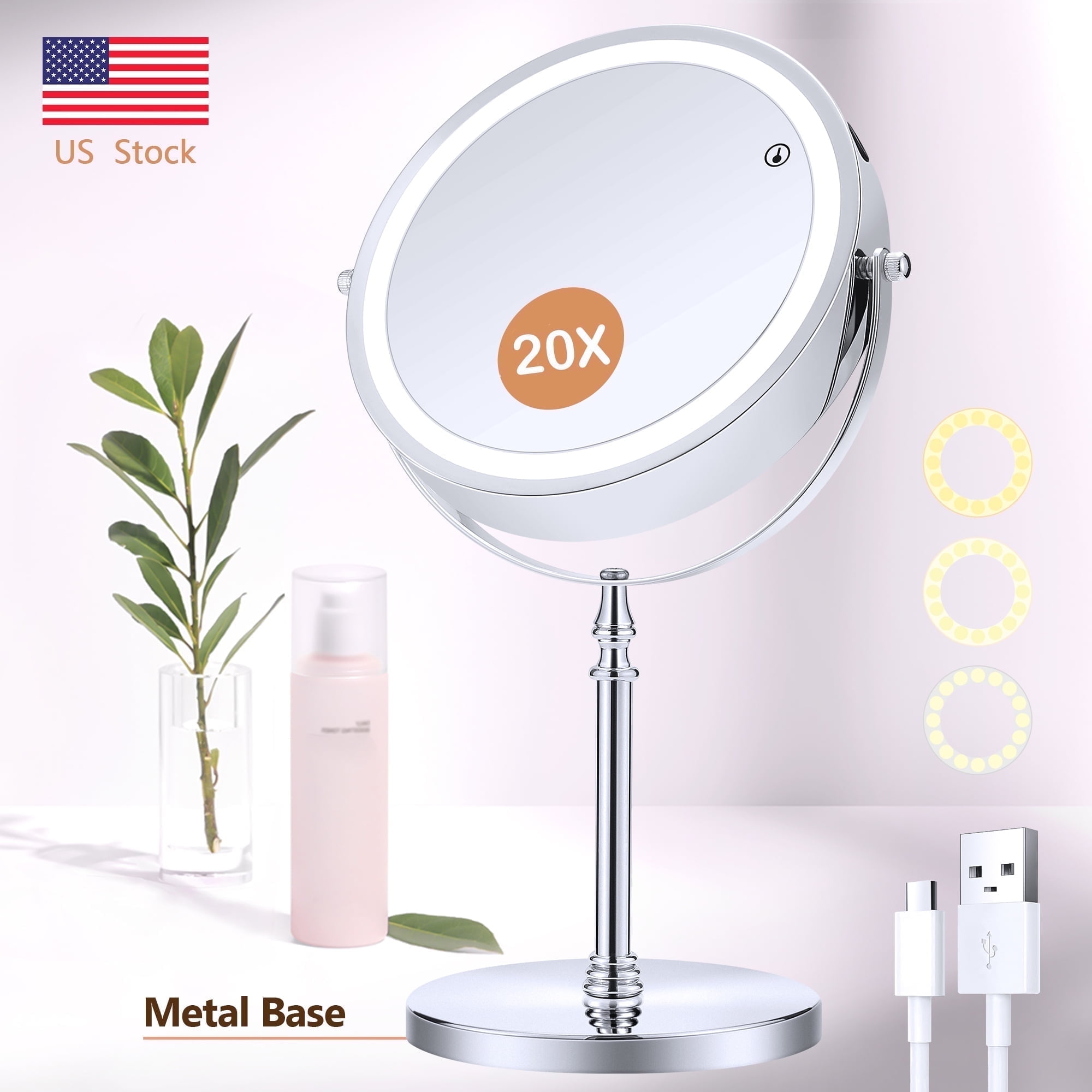 B Beauty Planet 20X Lighted Magnifying Makeup Mirror, Double Sided Makeup Mirror with 20x/1x Magnification, 360Rotation, 3 Colors Brightness, image size:2000x2000