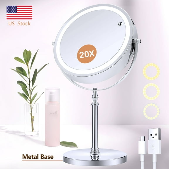 B Beauty Planet 20X Lighted Magnifying Makeup Mirror, Double Sided Makeup Mirror with 20X/1X Magnification, 360°Rotation, 3 Colors Brightness Adjustable Vanity Mirror with 42 LEDs, 2000mAh