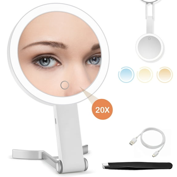 B Beauty Planet 20X Magnify Lighted Makeup Mirror with Handheld, 6'' 3 Colors Desktop Mirror