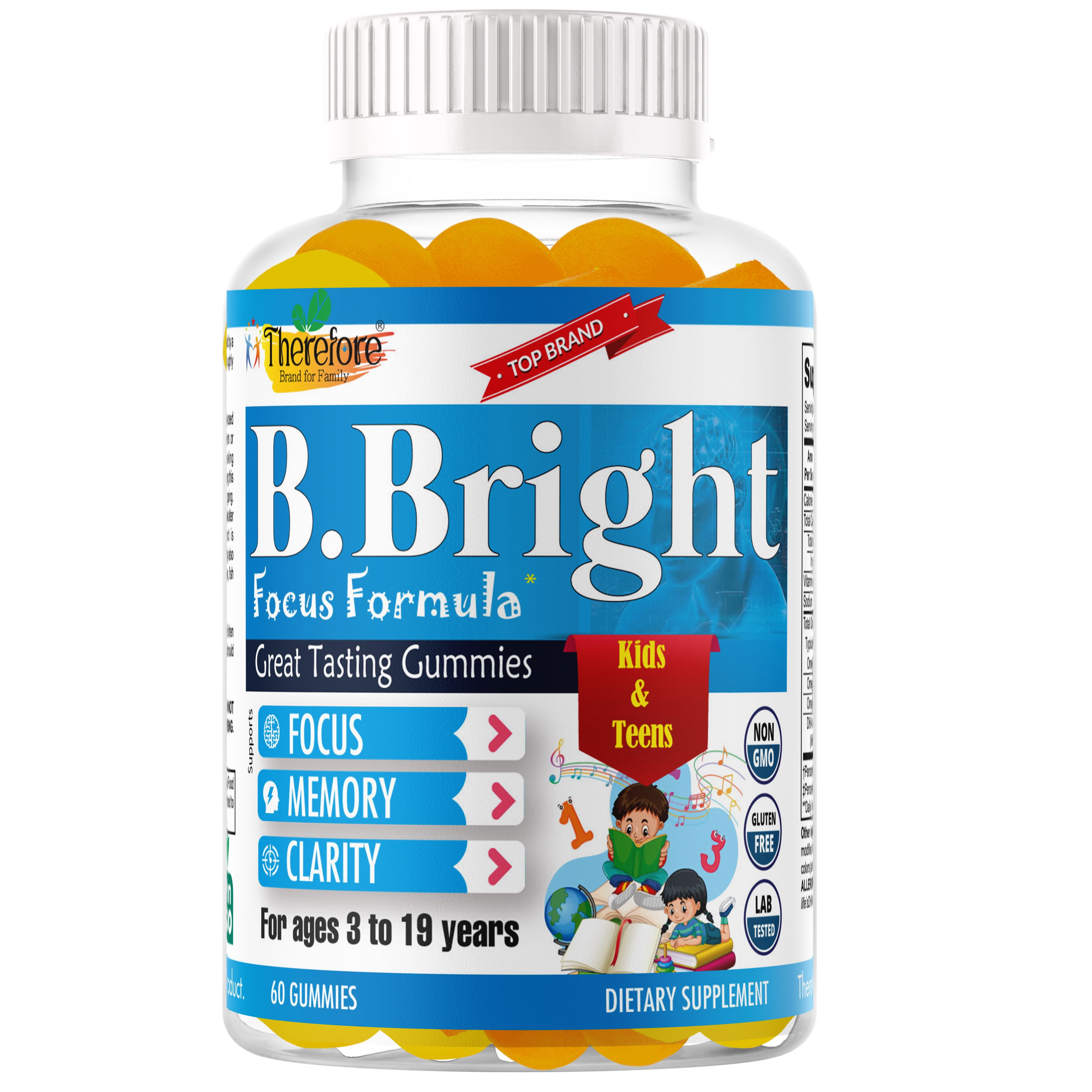 B. Bright Kids Brain Focus Supplements Omega 3 Gummies for Kids Teens Children Brain Gummies for Memory and Focus 60ct by Therefore