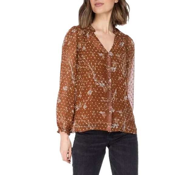 B Collection by Bobeau Ladies' Button-Up Blouse | Orange Brown Floral XX-Large