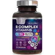 B Complex Vitamin Supplement - 3X Strength with Biotin, Vitamin C & Folic Acid - Super B12 Complex Vitamins for Energy, Supports Hair Growth, Immune Support for Women & Men, USA Bottled, 120 Capsules