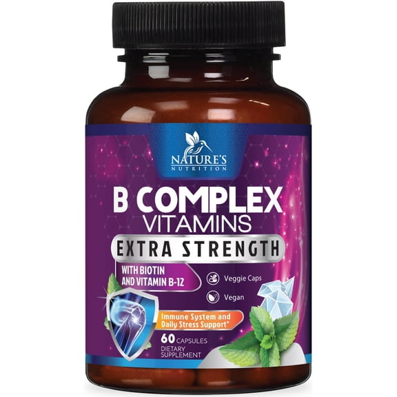 B Complex Vitamins Capsules - Super Complete B-100 Complex with Vitamin B12 B6 C Biotin Folate & Folic Acid for Immune & Energy Support - Supplement for Heart, Brain, & Nerve Support - 60 Capsules