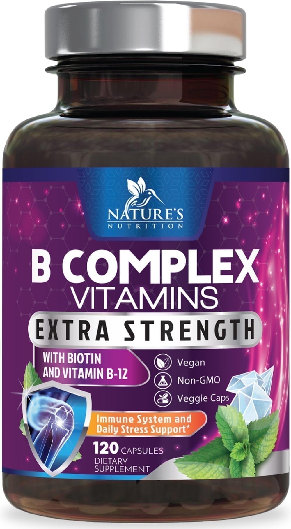 B Complex Vitamins Capsules, with Vitamin B12 B6 B100 C Biotin Folate & Folic Acid - Supplement for Heart, Brain, & Nerve Support - Super Complete B-Complex for Immune & Energy Support - 120 Capsules