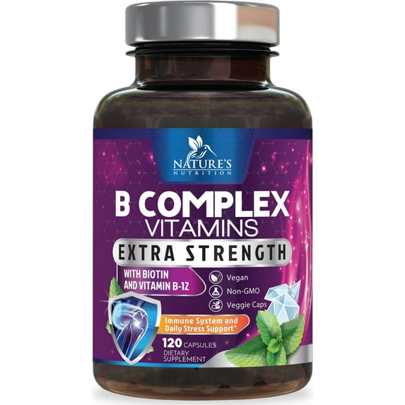 B Complex Vitamins Capsules - Super Complete B-Complex with Vitamin B12 B6 B100 C Biotin Folate & Folic Acid for Immune & Energy Support - Supplement for Heart, Brain, & Nerve Support - 120 Capsules