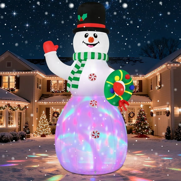 B&D 8FT Snowman Inflatable with Rotating Colorful LED Lights, Christmas Blow Up Yard Decoration for Outdoor Holiday Decor, Indoor Xmas Party Setup