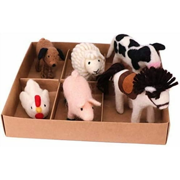 B & D Needle Felt Animal, Needle Wool Domestic Fowl Ornament,White Rooster, Horse, Sheep, Pink Pig, Cow, and Dog, Set of 6 Pieces Birthday Gift