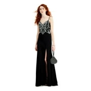 B DARLIN Womens Black Embellished Slitted Spaghetti Strap V Neck Full-Length Prom Shift Dress Juniors 7\8