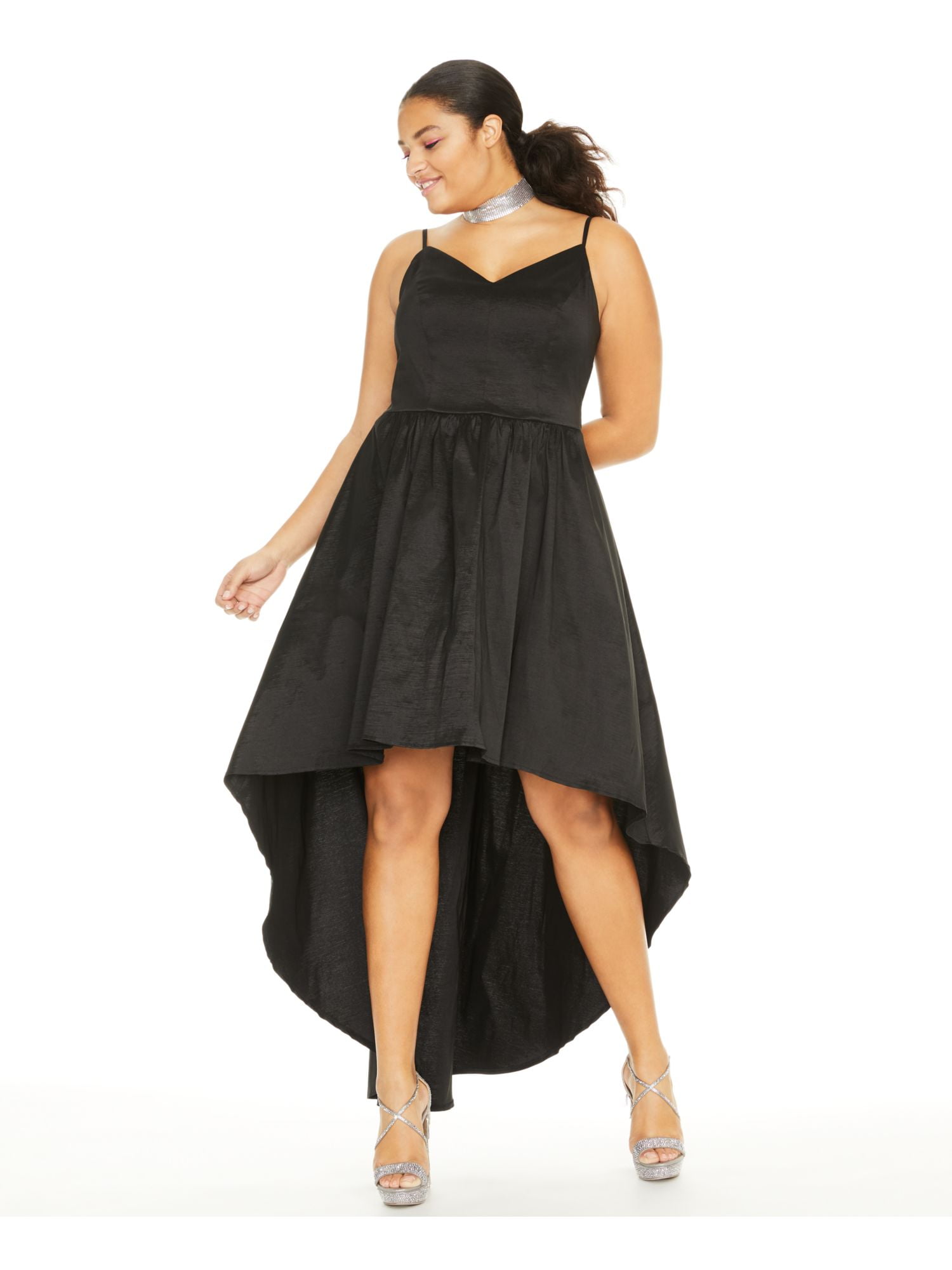 B DARLIN Womens Black Pleated Zippered Spaghetti Strap V Neck Above The  Knee Evening Hi-Lo Dress Plus 14W - Walmart.com