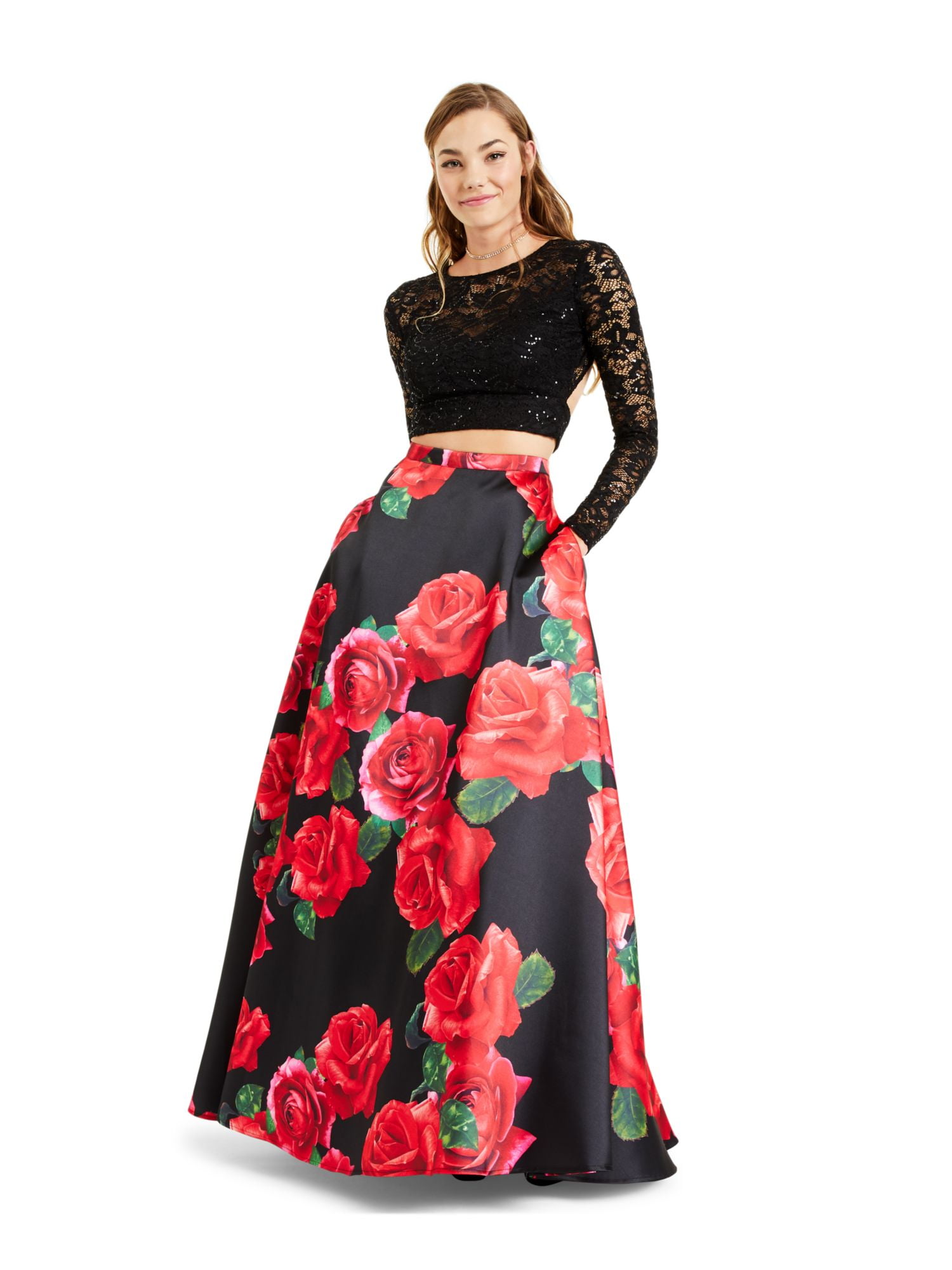B DARLIN Womens Black Sequined 2 Pc Floral Long Sleeve Scoop Neck Full Length Prom Fit Flare Dress 0