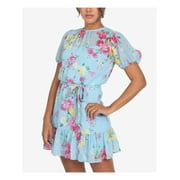 B DARLIN Womens Blue Belted Ruffled Floral Pouf Short Fit + Flare Dress Juniors 13\14