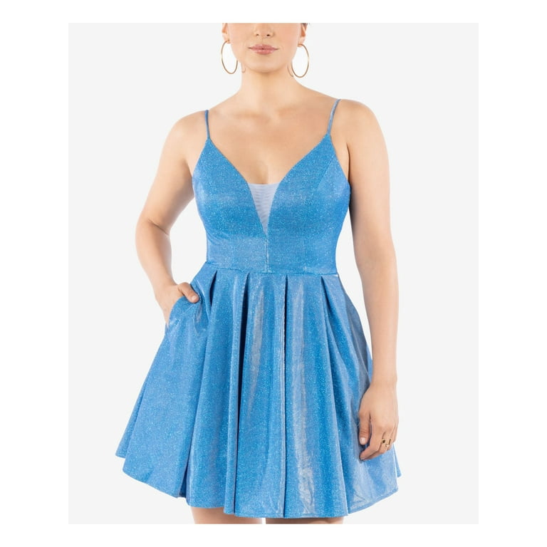 B DARLIN Womens Blue Stretch Zippered Pocketed Glitter Mesh Inset V Neck Short Party Fit Flare Dress 7 8