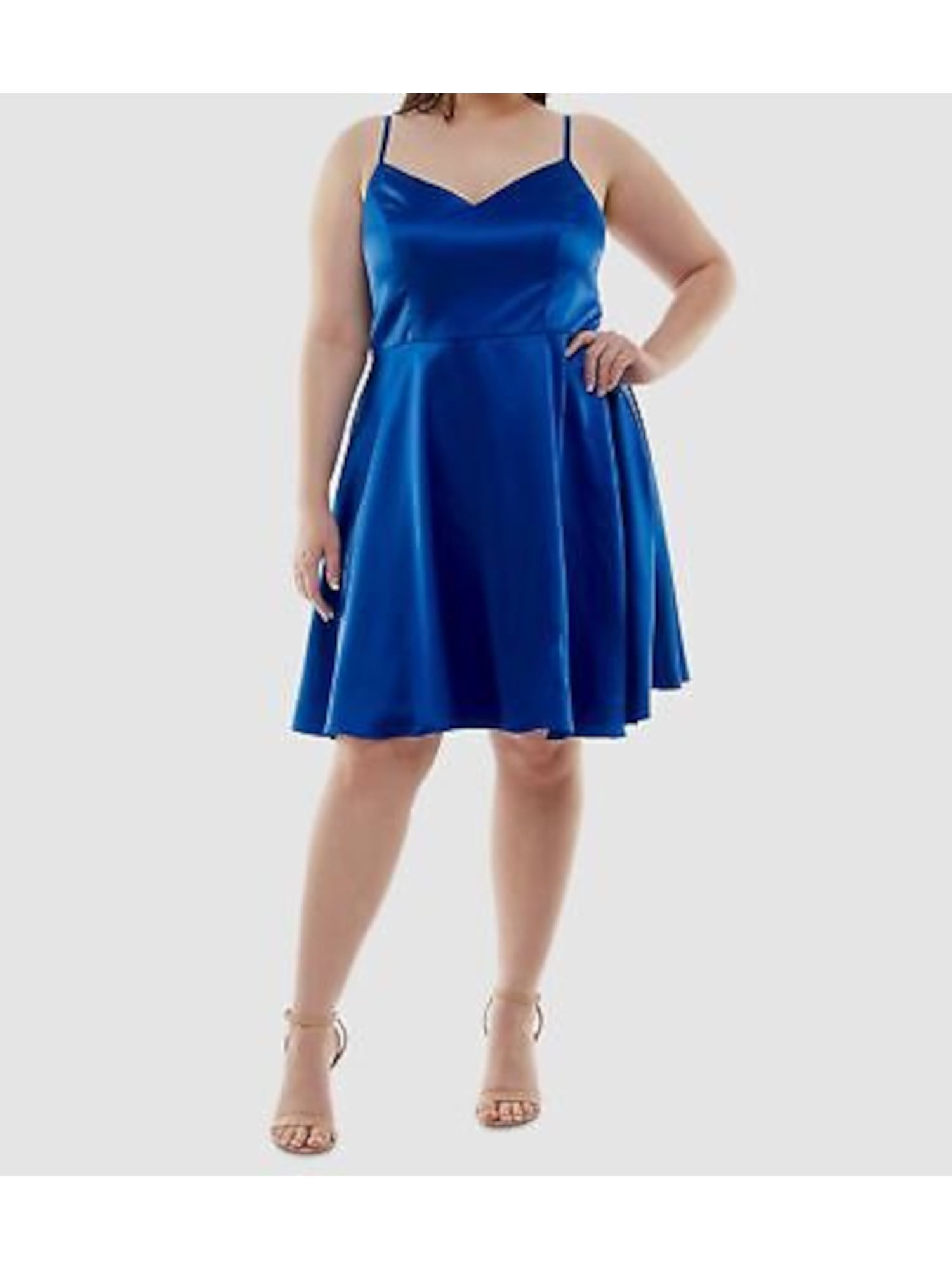 B DARLIN Womens Blue Zippered Pocketed Spaghetti Strap V Neck Above The  Knee Party Fit + Flare Dress Plus 16W - Walmart.com