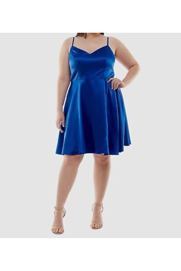 Womens Blue Zippered Pocketed Spaghetti Strap V Neck Above The Knee Party Fit + Flare Dress Plus 16W