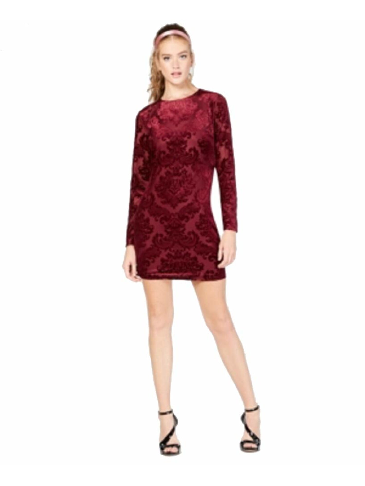 B DARLIN Womens Burgundy Floral Long Sleeve Jewel Neck Mini Cocktail Body  Con Dress Juniors 11 - Walmart.com