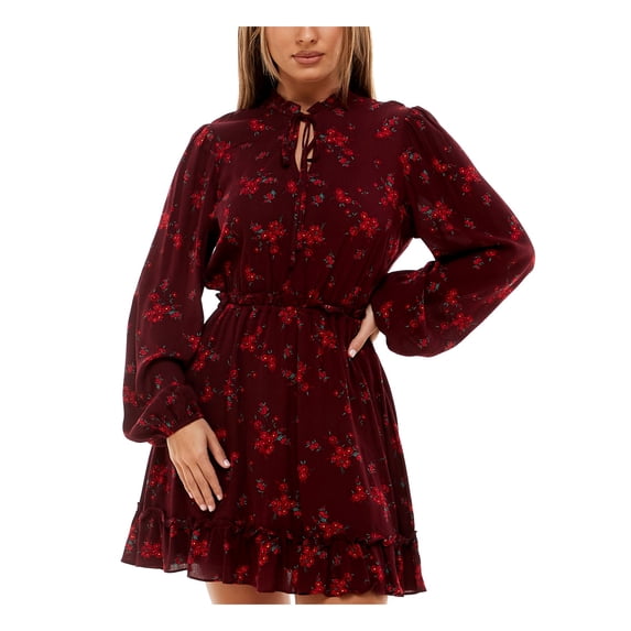 B DARLIN Womens Burgundy Ruffled Split Neck With Tie Floral Long Sleeve Short Party Fit + Flare Dress 9\10