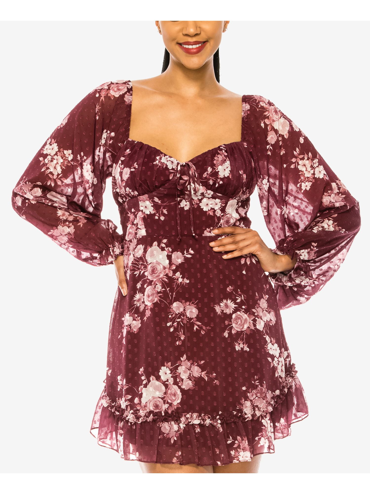 B DARLIN Womens Burgundy Zippered Ruffled Sheer Lined Floral Long Sleeve  Sweetheart Neckline Short Party Fit + Flare Dress 7\8 - Walmart.com